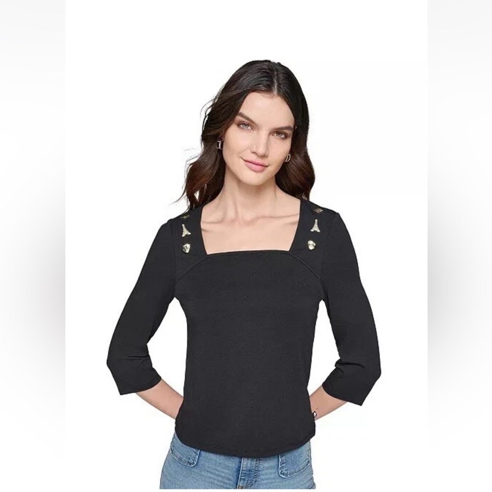 Karl Lagerfeld Women Embellished Square-Neck Top 3/4 Sleeves Black Size S Slim